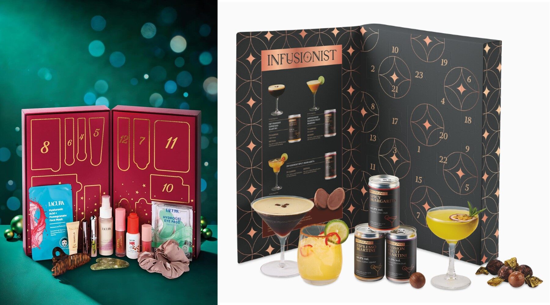 The Aldi Lacura 12 days beauty advent calendar next to the Infusionist cocktail advent calendar with cans and cocktails