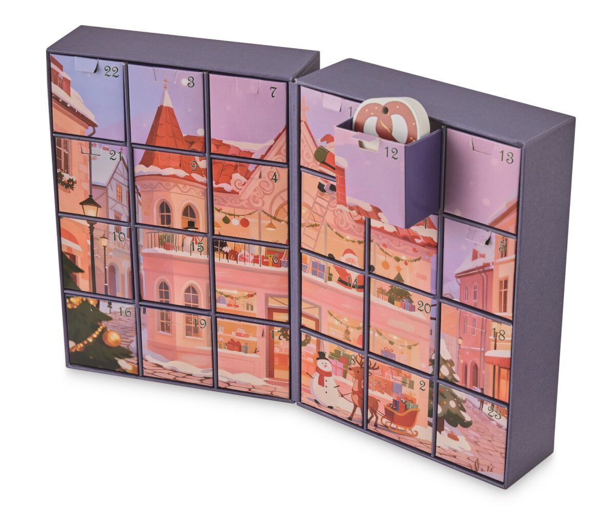 The Aldi wooden advent calendar, a reusable box with small drawers painted with a festive street scene