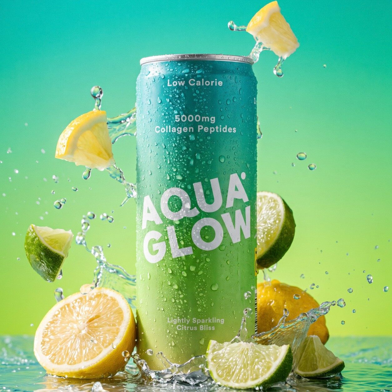 A green and yellow can of Aqua Glow Citrus Bliss surrounded by splashing lemon and lime slices