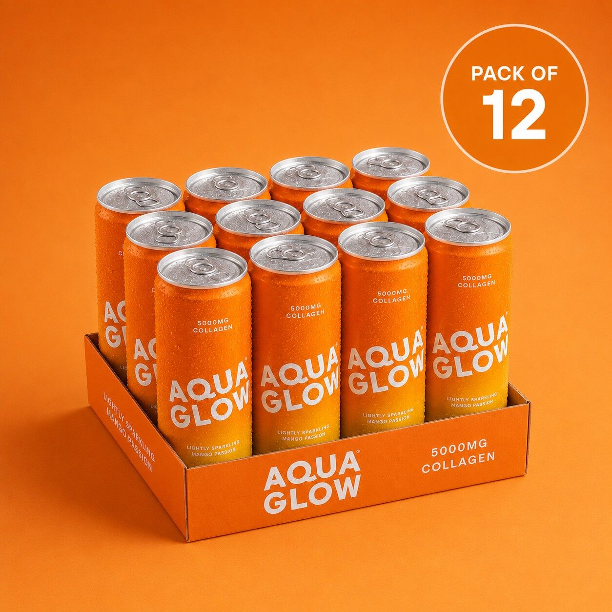 Twelve orange cans of Aqua Glow Mango Passion in an open cardboard tray