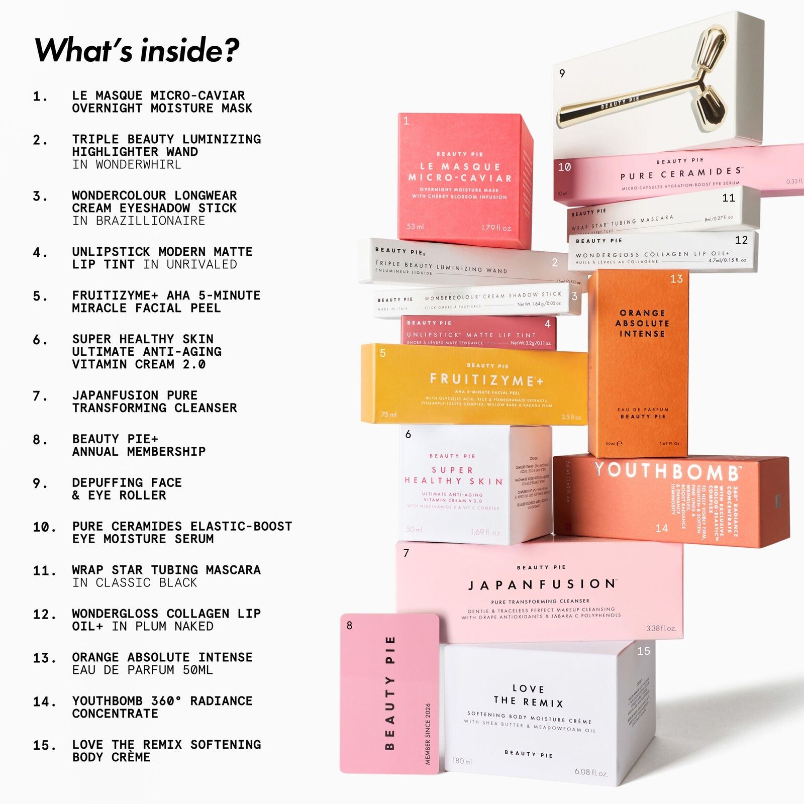 A stack of colourful Beauty Pie product boxes with a face roller on top
