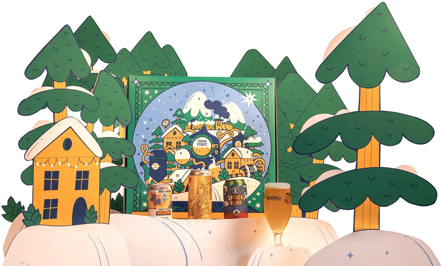 The Beer52 craft beer advent calendar 2026 with its snow globe village design, set among wooden houses and fir trees