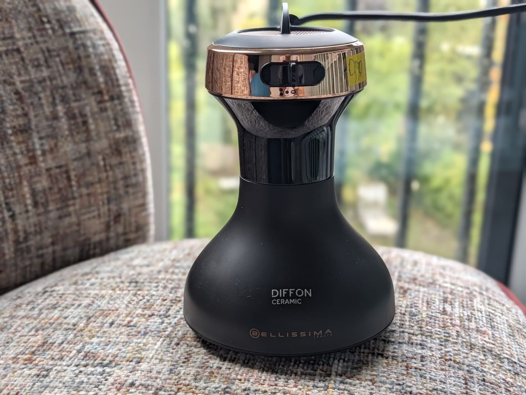 The Bellissima Diffon Ceramic diffuser hair dryer seen from the front, with DIFFON CERAMIC and Bellissima lettering on the black body and a rose gold ring