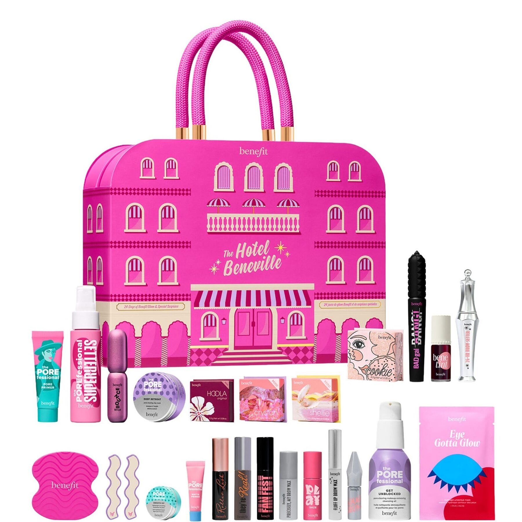 The Benefit Hotel Beneville advent calendar 2026, a pink hotel-shaped box with a handle, with its 24 make-up products and accessories laid out in front
