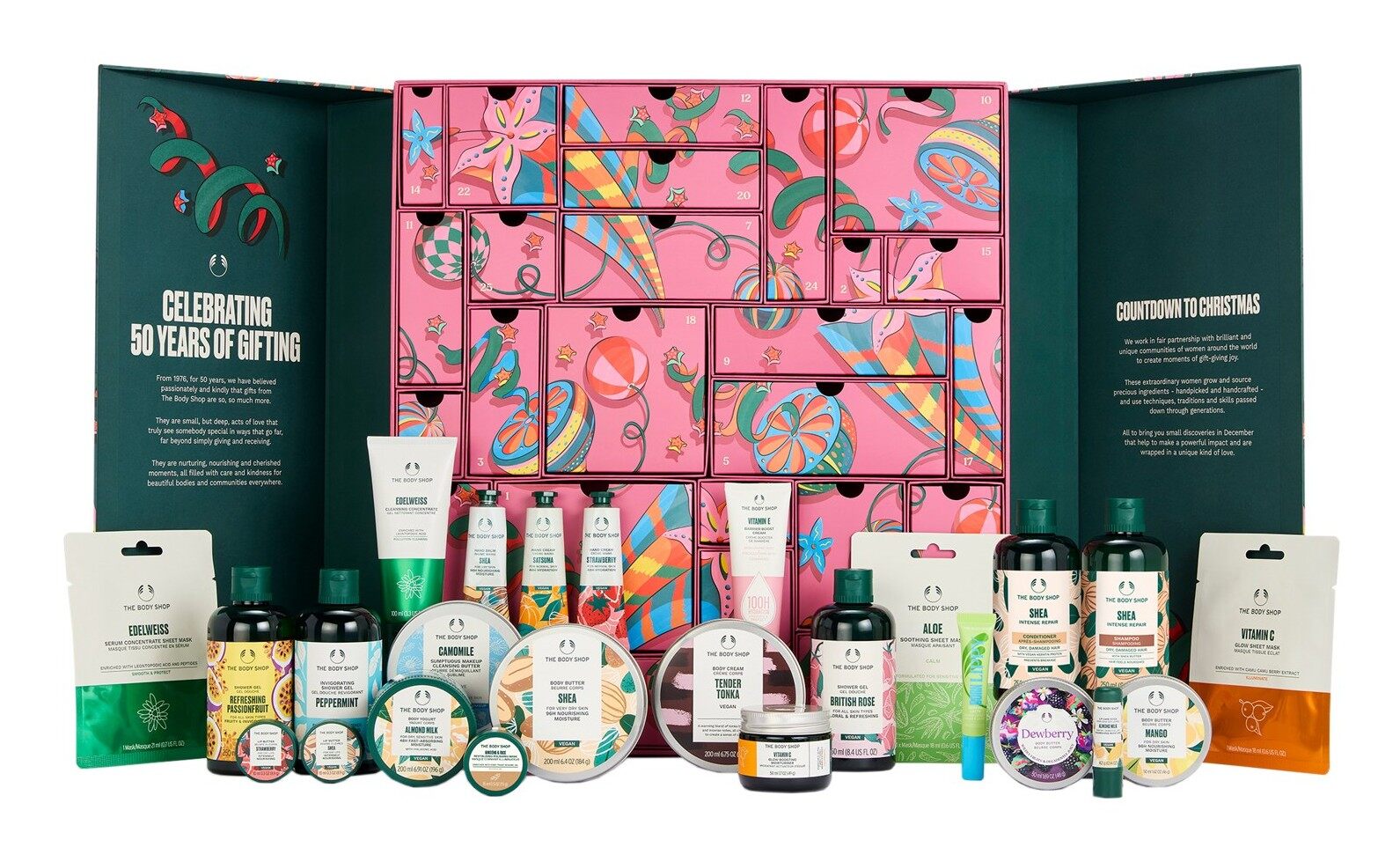 The Body Shop Ultimate Beauty Advent Calendar 2026 open with its 25 products laid out in front