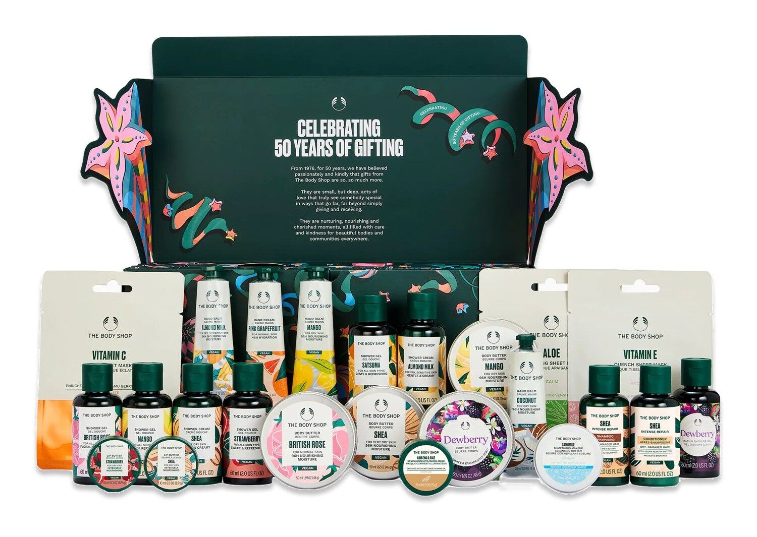 The Body Shop Classic Beauty Advent Calendar 2026 open, with its 24 travel-size products laid out in front