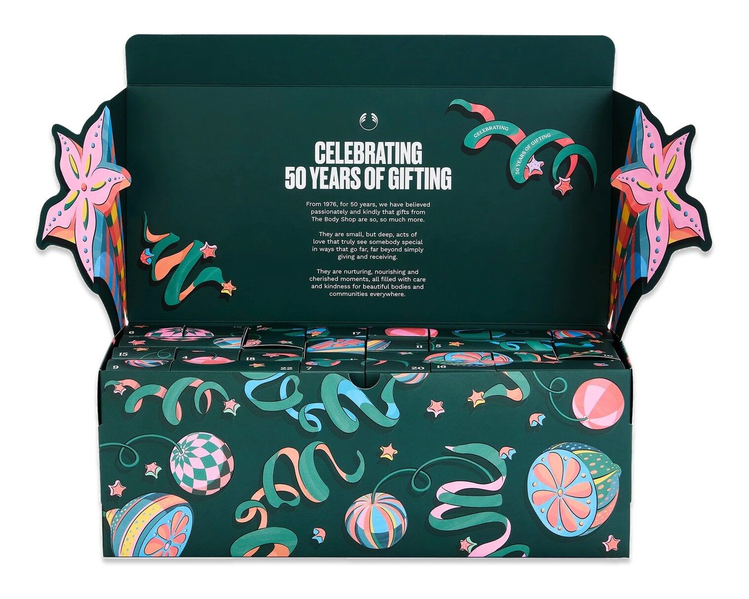 The closed The Body Shop Classic advent calendar box with its green festive artwork