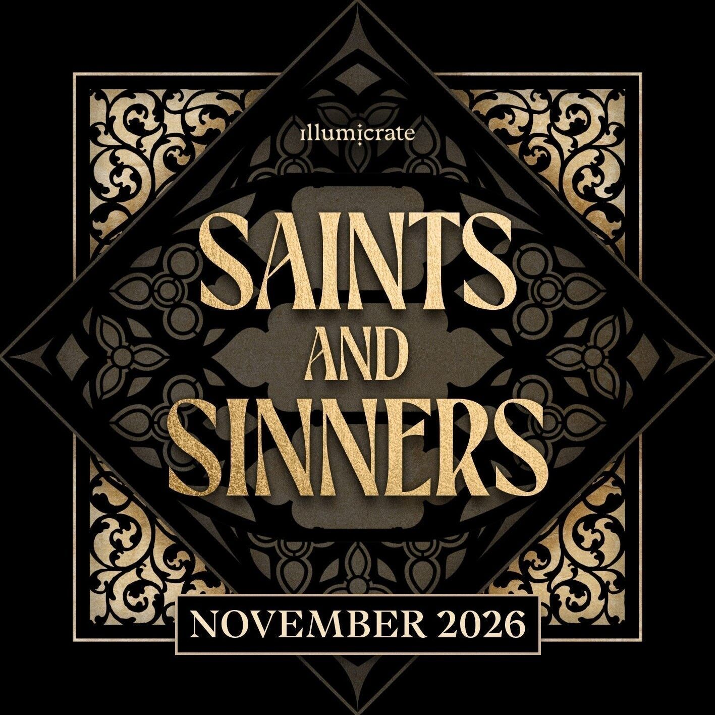 The Illumicrate Saints and Sinners November 2026 theme graphic, gold lettering inside an ornate black and gold frame