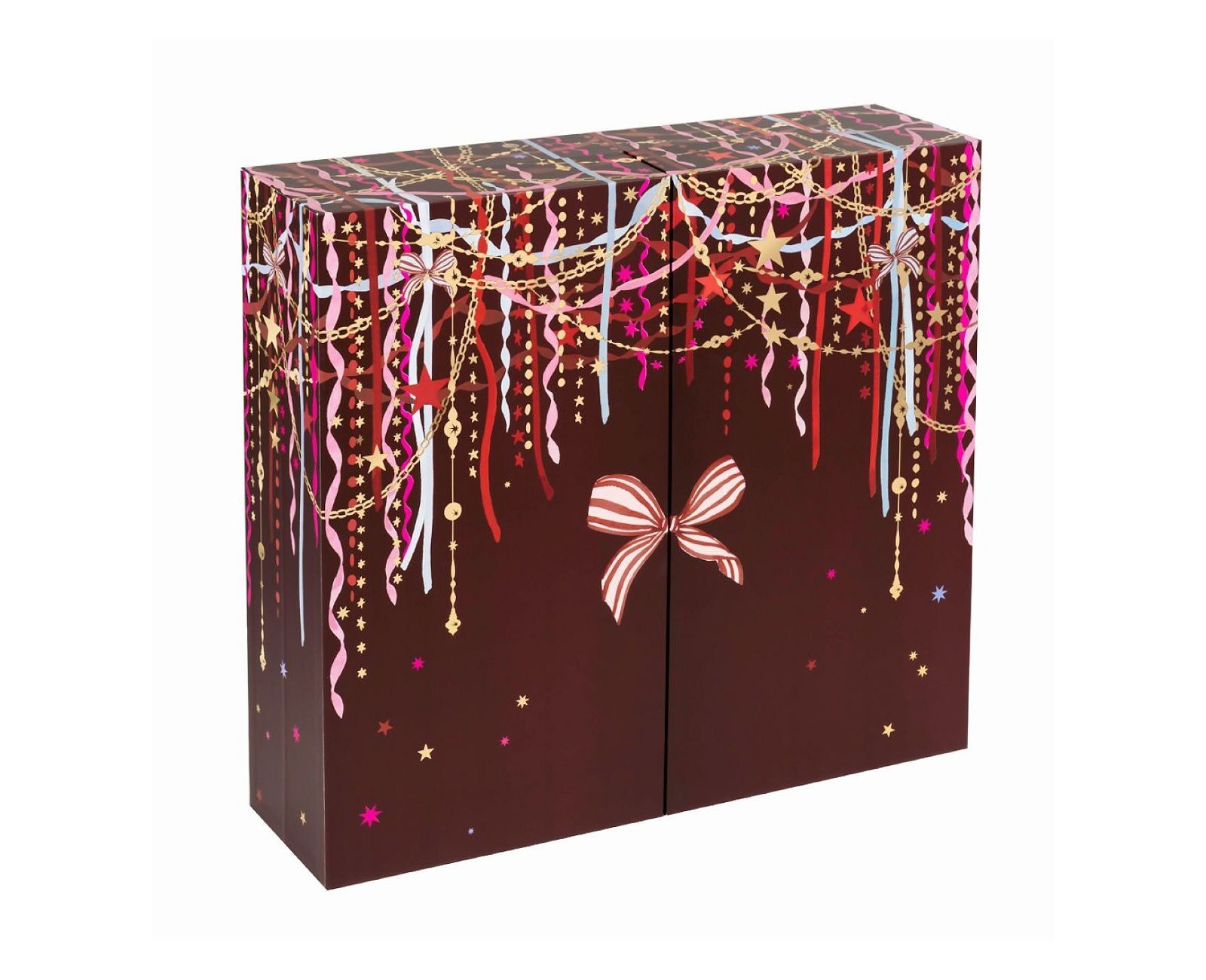The closed Boots 24 Days of Luxe beauty advent calendar 2026, a deep plum box with a pink bow