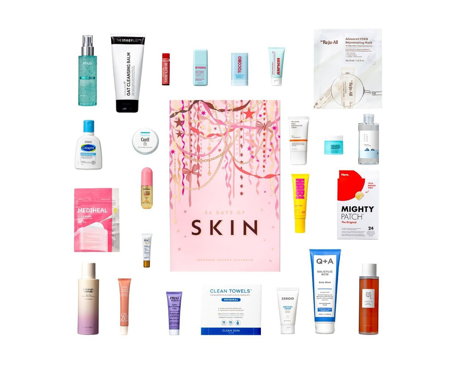 The products of the Boots 24 Days of Skin advent calendar 2026 laid out around the pink box