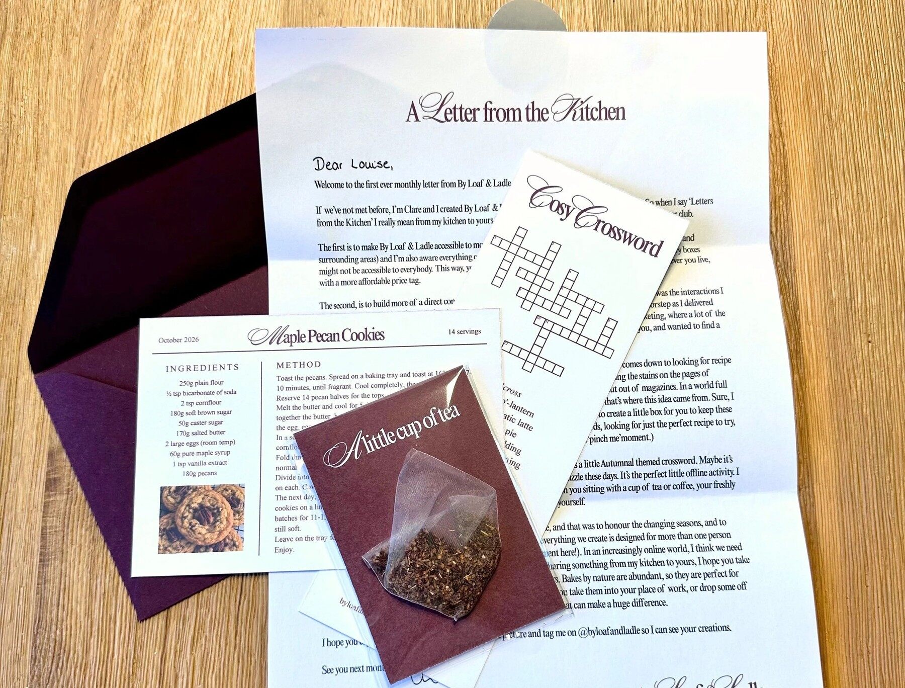 A Letter from the Kitchen with recipe card, crossword and tea