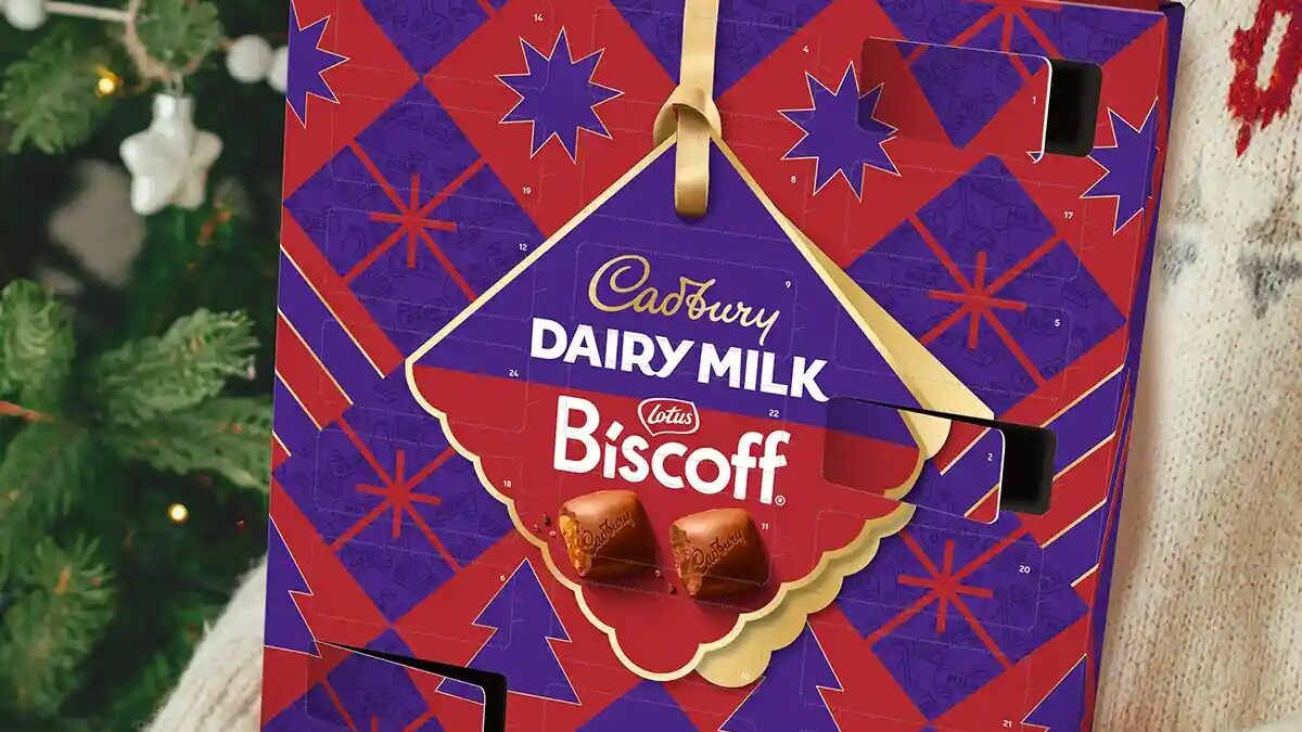 A person in a Christmas jumper holding the Cadbury Dairy Milk Biscoff advent calendar in front of a decorated tree