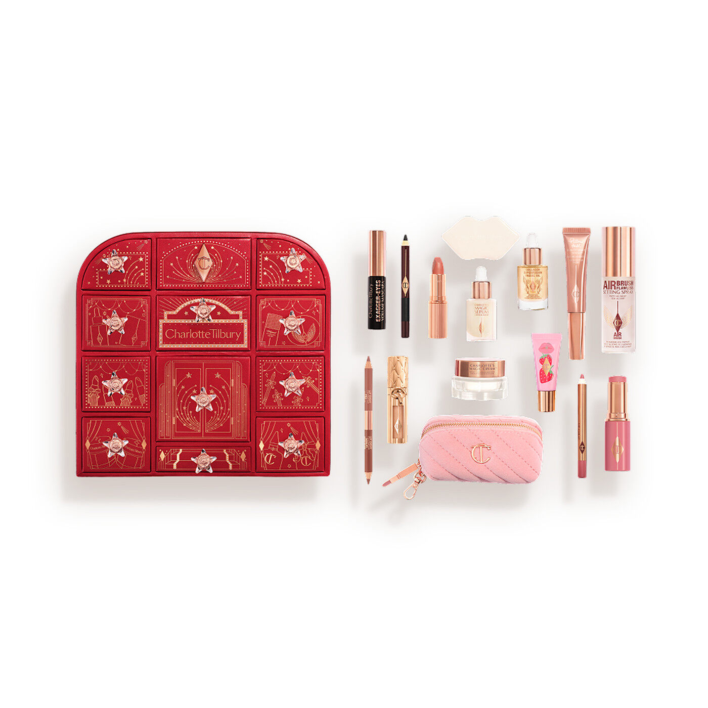 The Charlotte Tilbury advent calendar 2026 shown next to its 15 products, including the pink velvet bag and the white gua sha