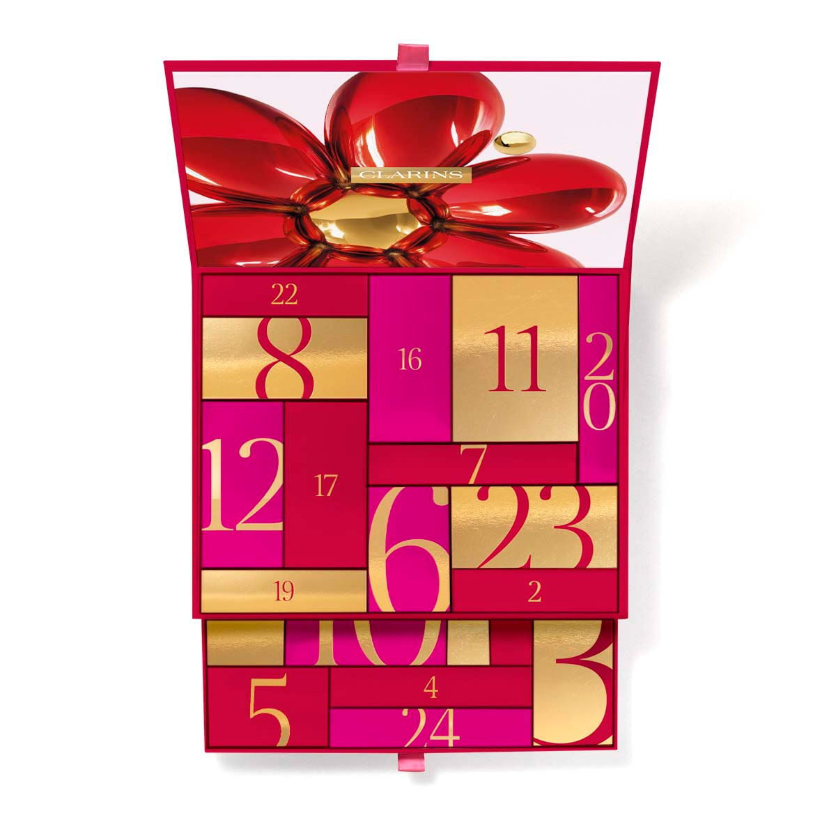 The closed Clarins 24 Day Beauty Advent Calendar 2026, a pink box with gold numbered doors and a red flower on top