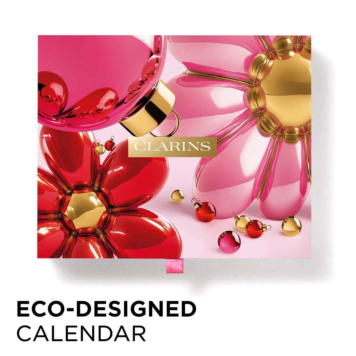 A pink and red Clarins advent calendar visual with a gold flower and the words eco-designed calendar