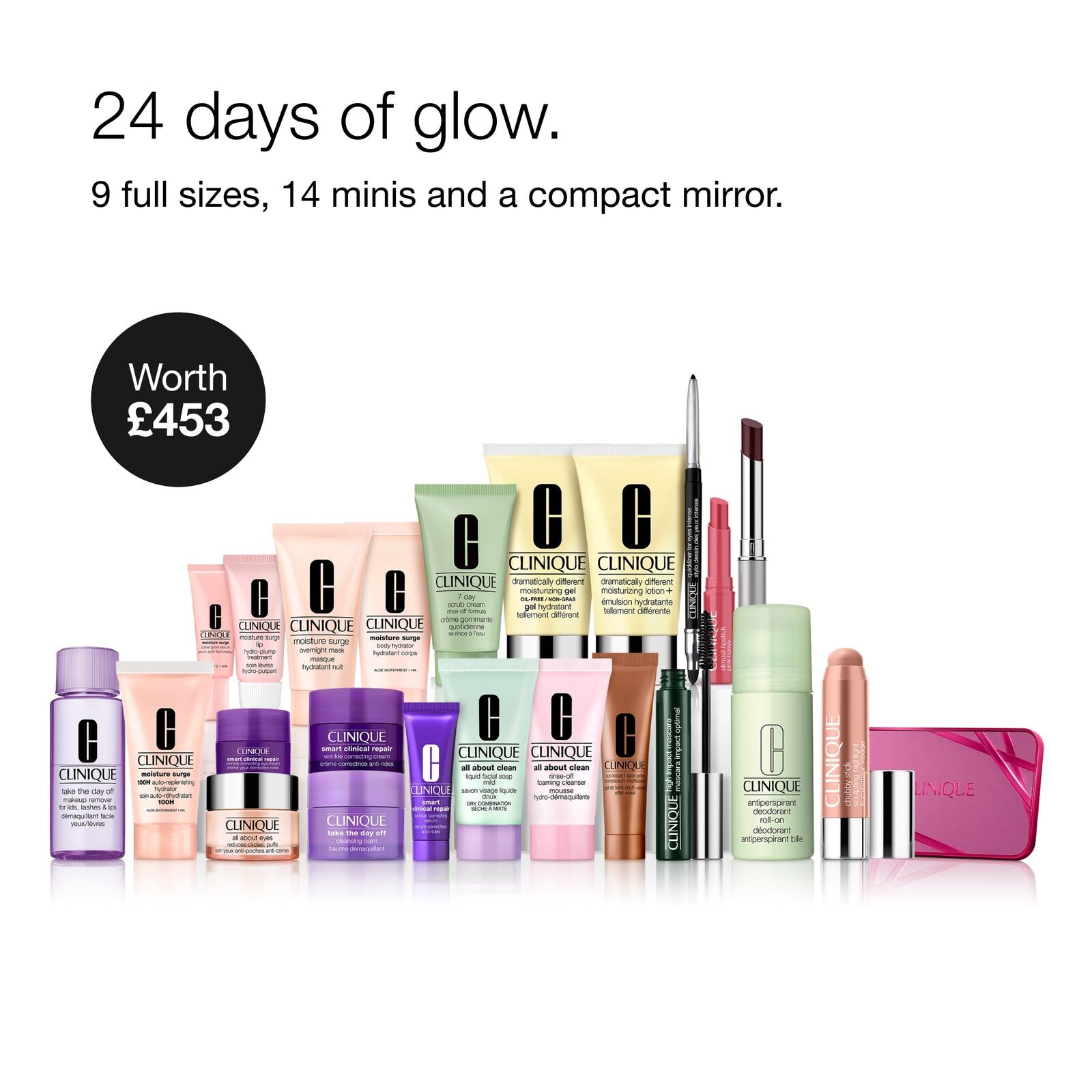 The 24 Days of Clinique Favourites calendar contents laid out in a row: skincare tubes and jars, lipsticks, mascara and a pink mirror