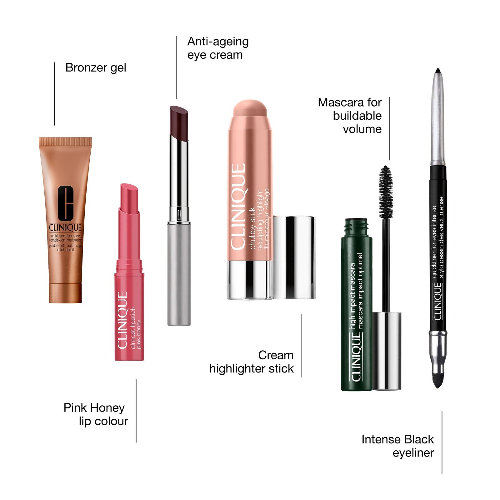 Clinique's make-up in the calendar: Sunkissed Face Gelee, Almost Lipstick in Pink Honey, the Chubby Stick highlighter, High Impact Mascara and Quickliner