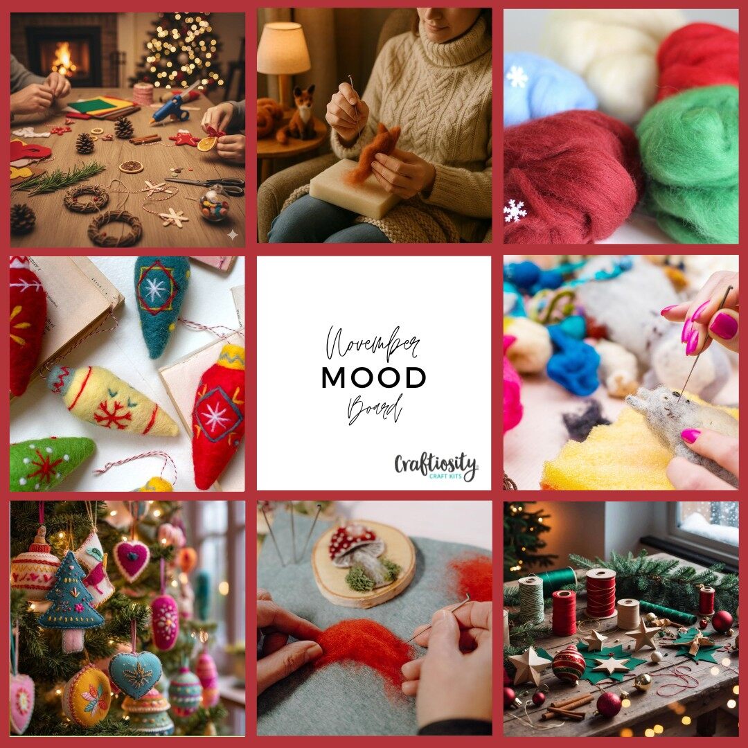 The Craftiosity November 2026 moodboard, with felted Christmas decorations, balls of red and green wool, a cosy fireside and a decorated tree