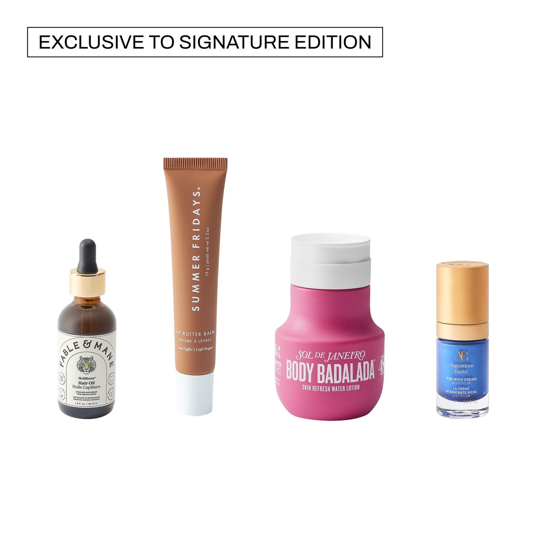 Four Signature Edition exclusives: a Fable and Mane hair oil, a Summer Fridays lip balm, a pink Sol de Janeiro body lotion and an Augustinus Bader cream