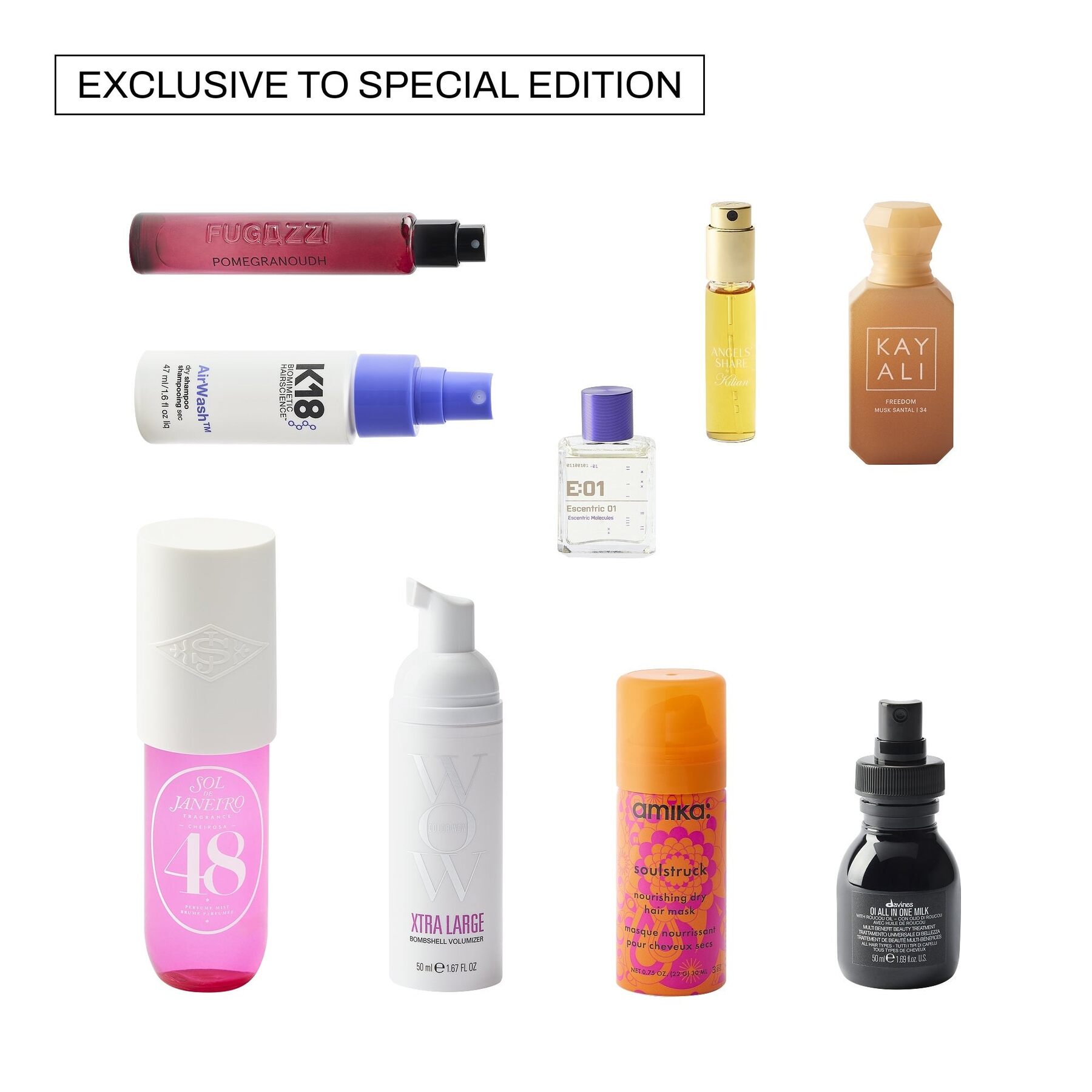 Nine Special Edition exclusives including fragrance bottles, a pink Sol de Janeiro mist and a K18 dry shampoo