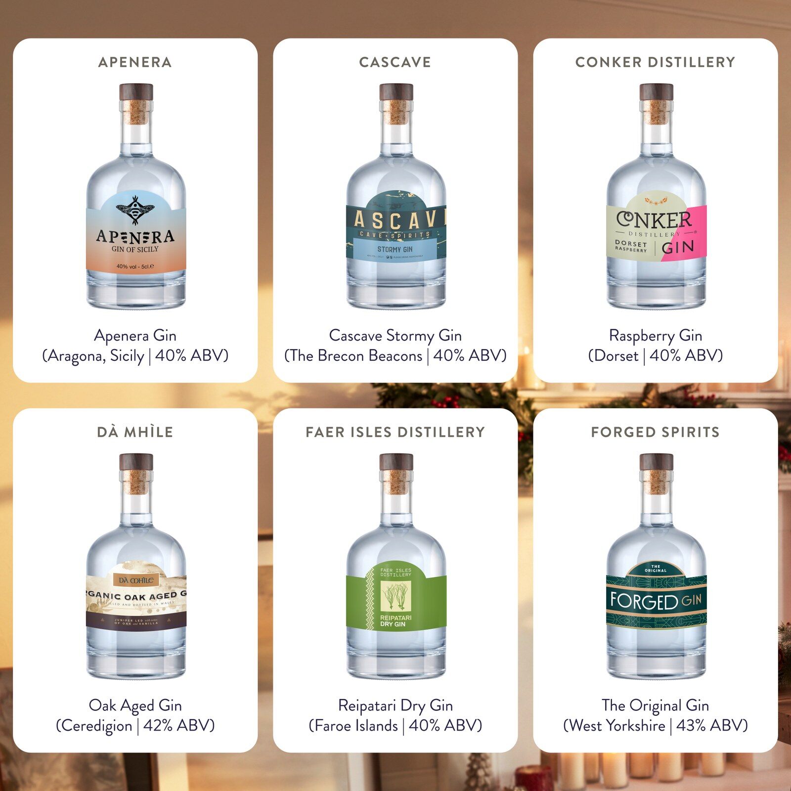 Six craft gin bottles from the Curious Drinker calendar page, including Apenera, Cascade, Conker and Da Mhile, each with its distillery and strength