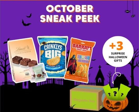 The Degustabox October 2026 sneak peek, showing Lindt Choco Wafer, Jacob's Crinklys Big and Barratt sweets on a purple Halloween background with a box and pumpkin