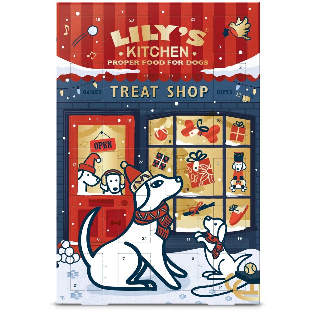 The Lily's Kitchen dog advent calendar, a red and white Treat Shop front with a cartoon dog in a scarf