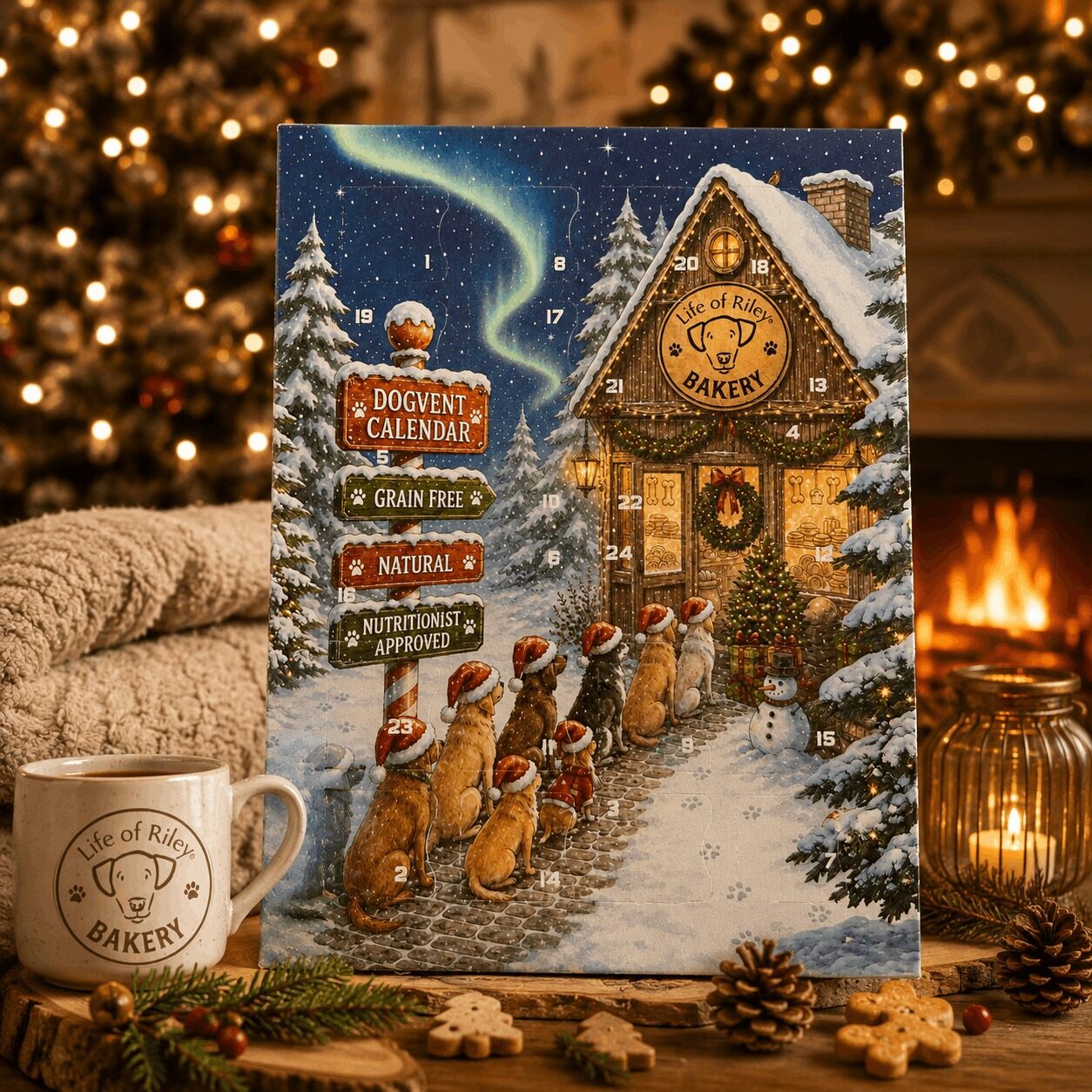 The Life of Riley dog advent calendar 2026, a snowy illustrated house with dogs in Christmas hats, in front of a cosy fireplace