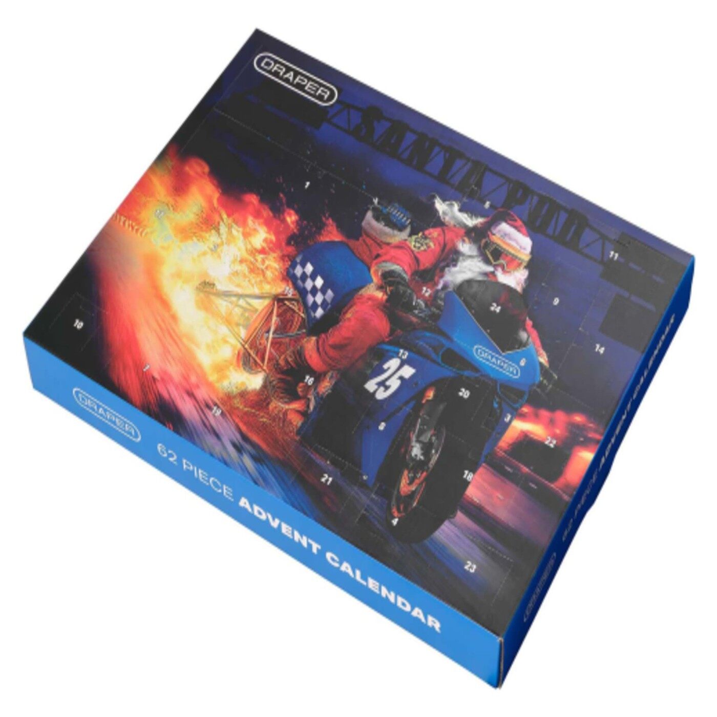 The closed Draper 62 Piece Advent Calendar box with Father Christmas on a drag bike