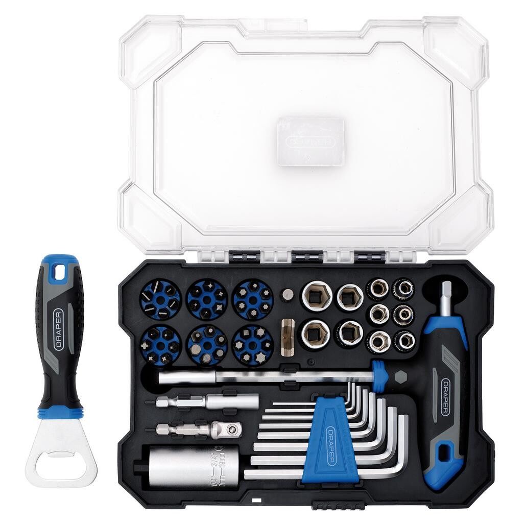 The open Draper tool case with sockets, bits and hex keys and the bottle opener beside it