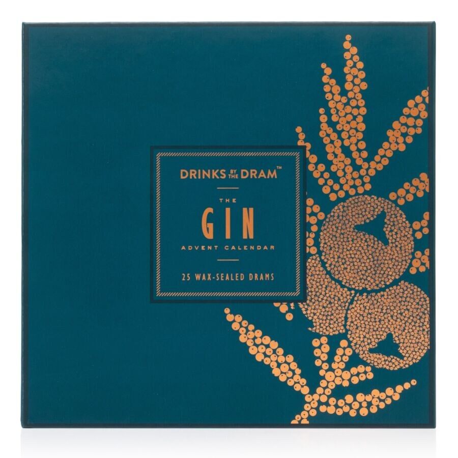 The Drinks by the Dram 2026 Gin Advent Calendar, a teal box with gold juniper branches and the words The Gin Advent Calendar