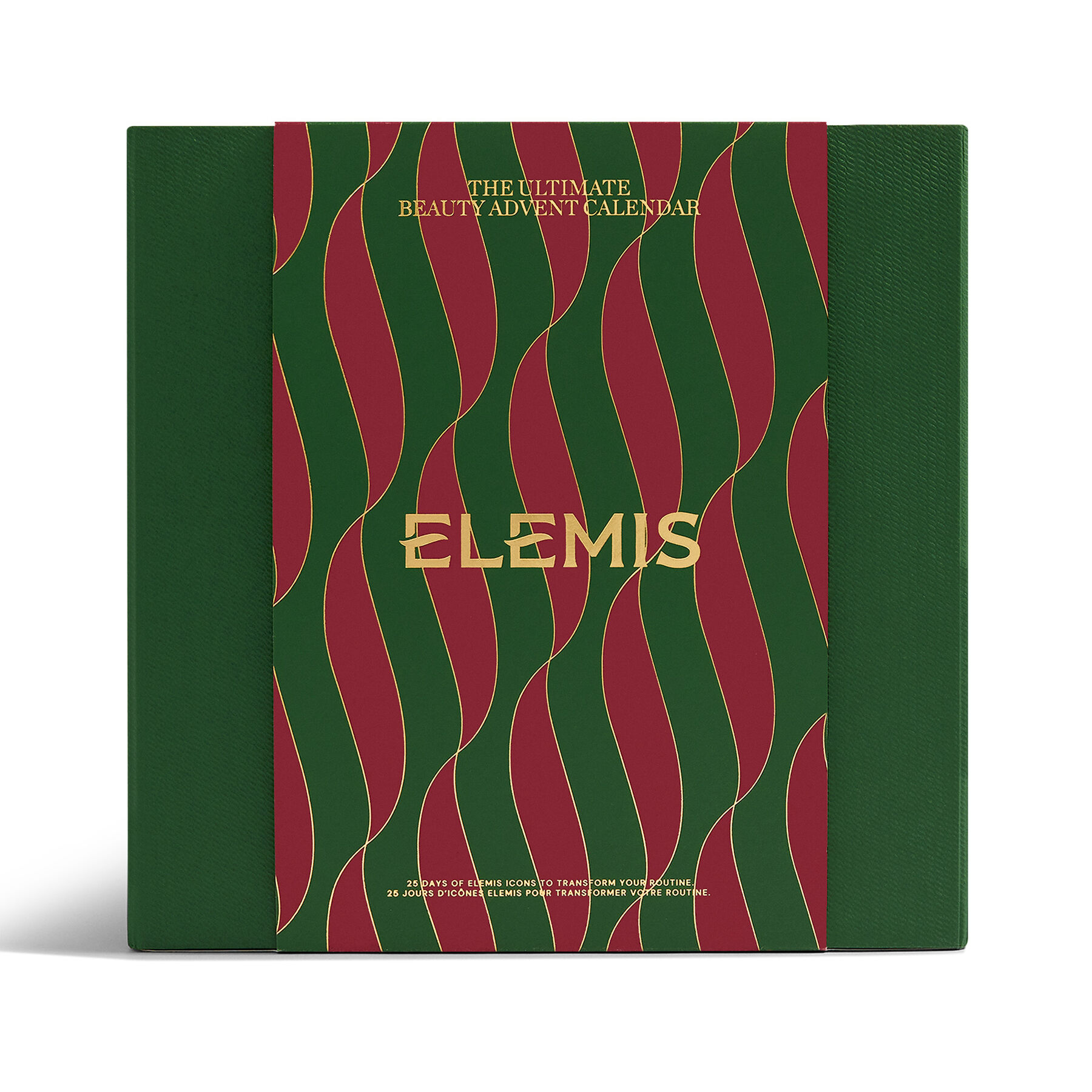 The closed ELEMIS Ultimate Beauty advent calendar 2026, a green box with red and gold wave pattern and the ELEMIS logo