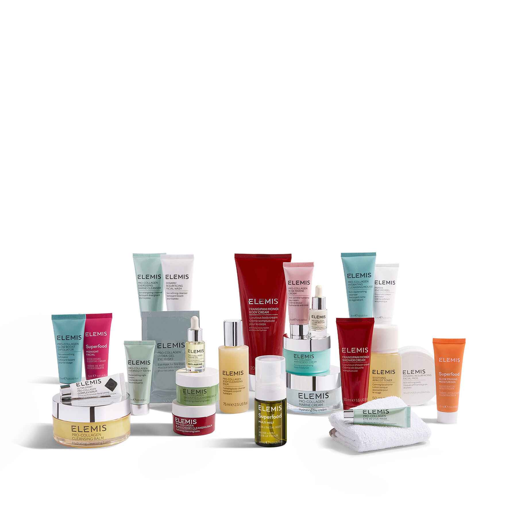 The 25 ELEMIS advent calendar 2026 products standing together on a white background, including tubes, jars and serum bottles