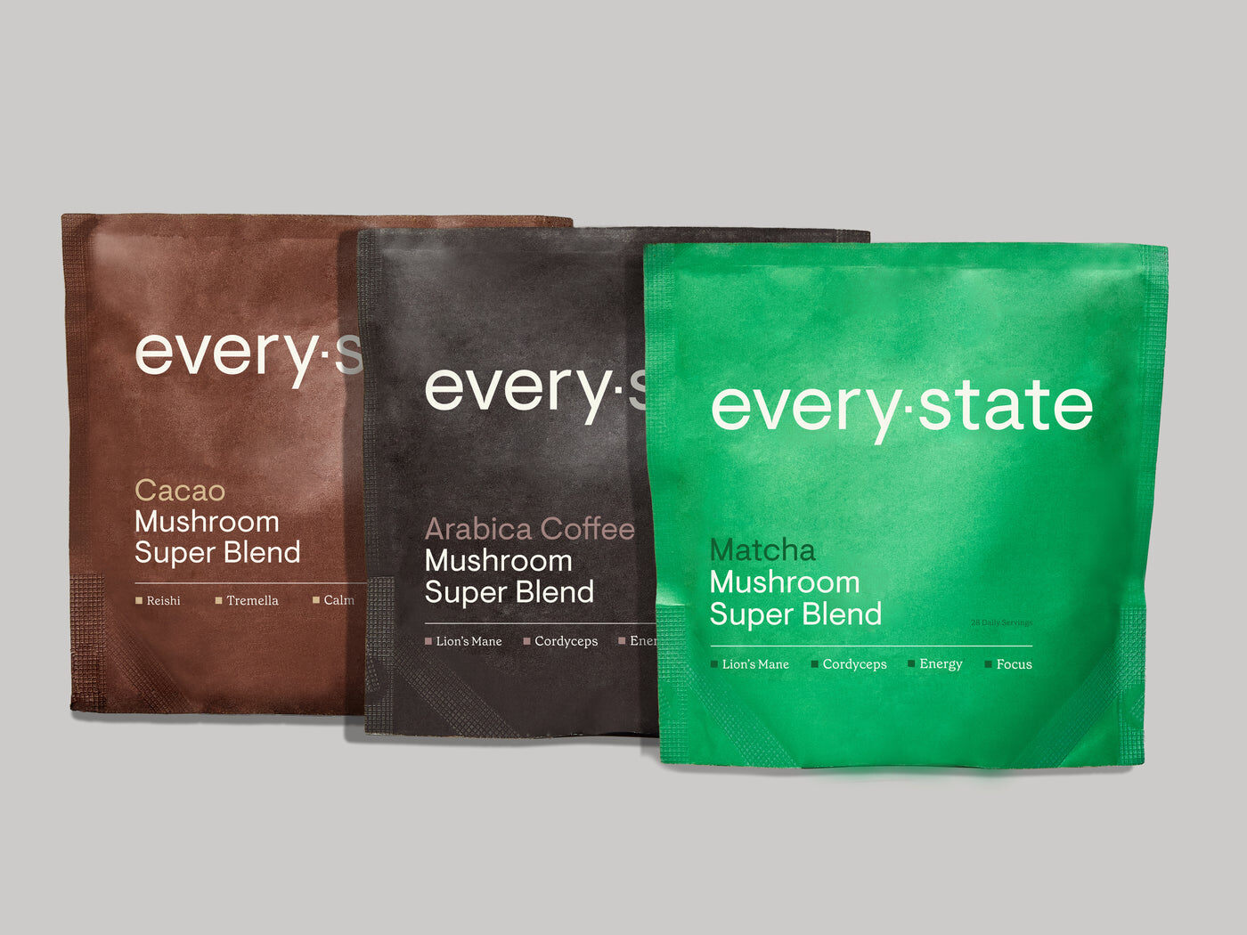 Three everystate pouches side by side: Cacao, Arabica Coffee and Matcha Mushroom Super Blends