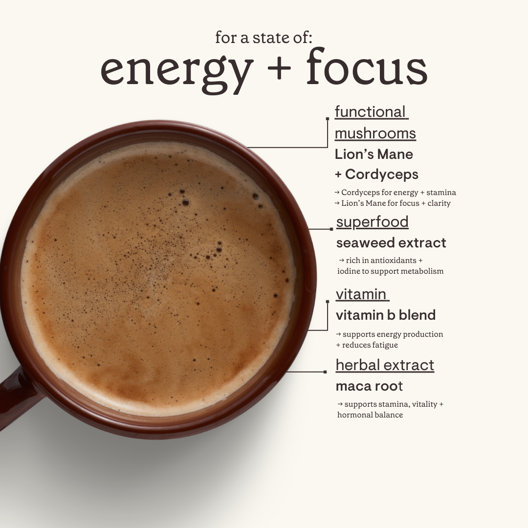 An everystate graphic listing the coffee blend's extras, including lion's mane and cordyceps mushrooms, seaweed extract, vitamin B and maca