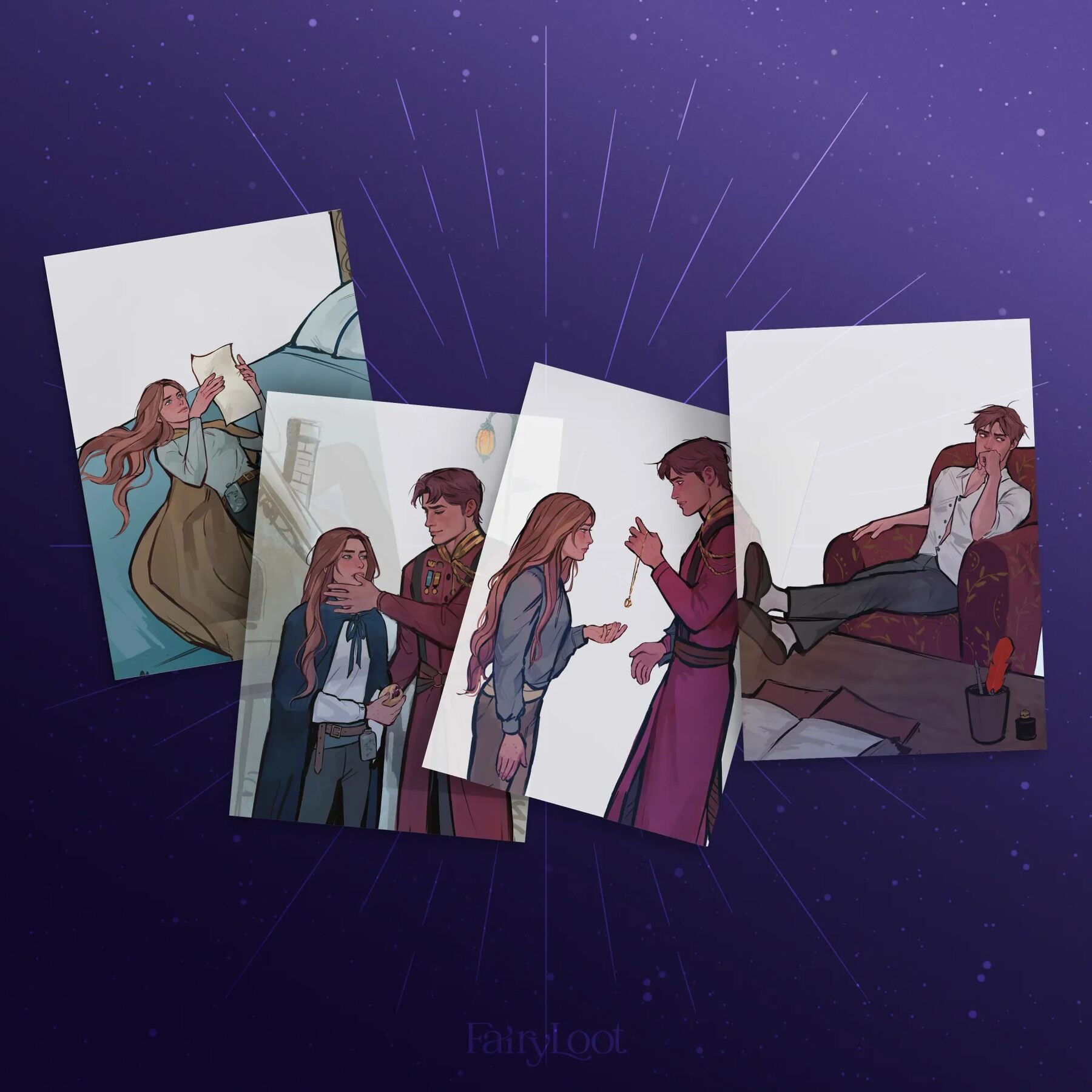 A set of four illustrated overlay cards fanned out on a purple background