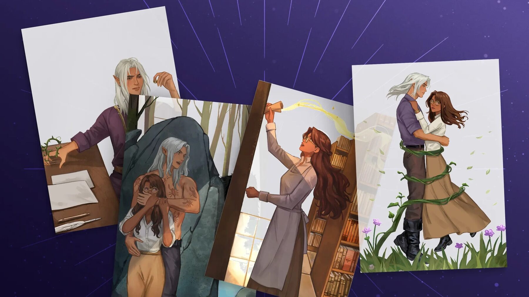 Four illustrated FairyLoot overlay cards fanned out on a purple starry background