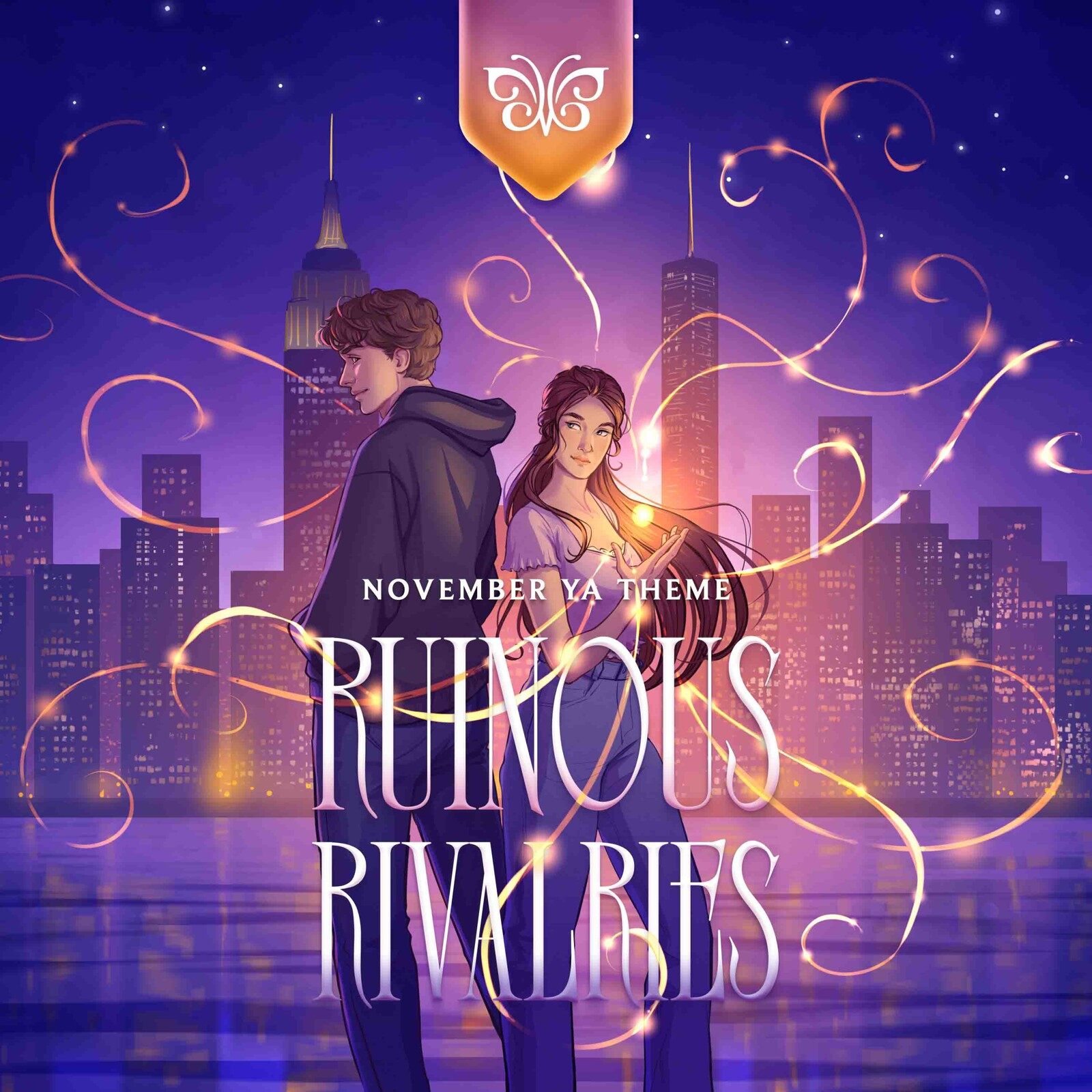 The FairyLoot Ruinous Rivalries November 2026 theme art, two figures facing each other over a glowing city at night