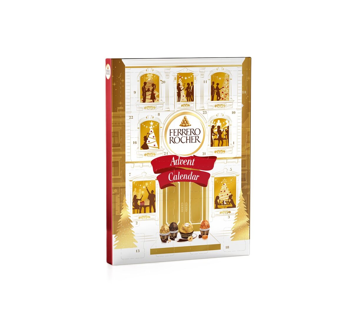 The Ferrero Rocher Advent Calendar 2026 box in gold and white with a red ribbon