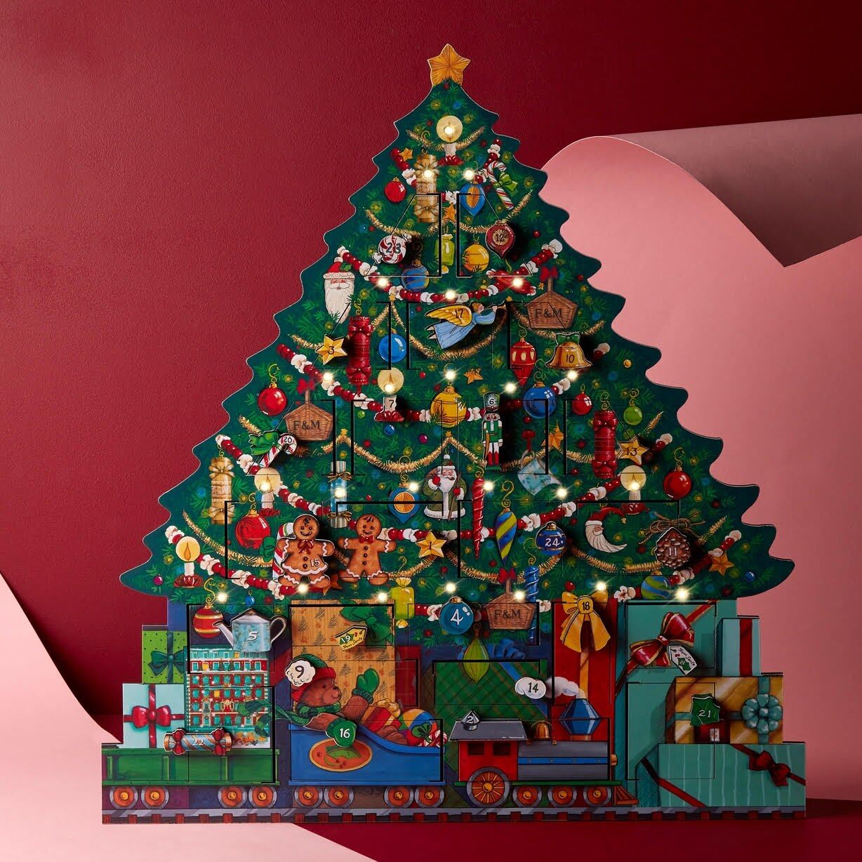 The Fortnum and Mason Light Up Christmas Tree advent calendar, a tree-shaped calendar decorated with Fortnum's motifs