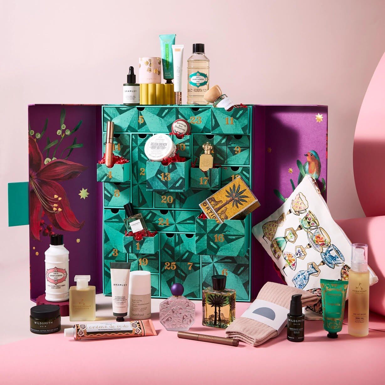 The Fortnum and Mason beauty advent calendar 2026 with its skincare and bath products arranged in front