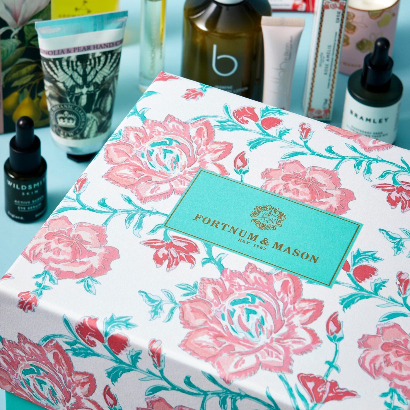 A close up of the rose print lid of the Fortnum's Beauty Box