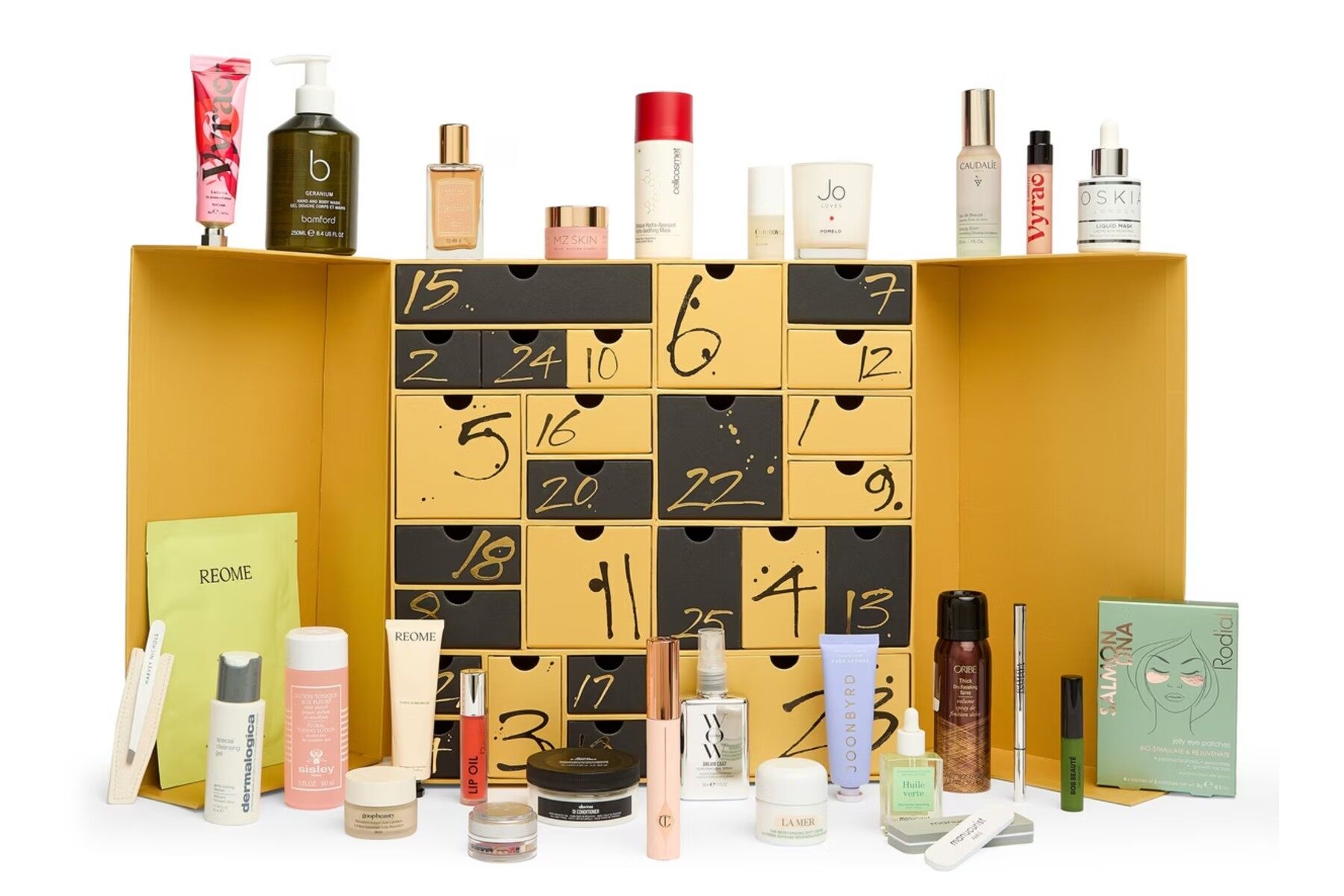 The Harvey Nichols 2026 beauty advent calendar, a yellow and black box with numbered drawers, surrounded by its products