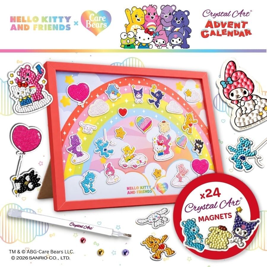 The Hello Kitty and Friends x Care Bears crystal art advent calendar kit with its 24 magnets, gems and drill pen