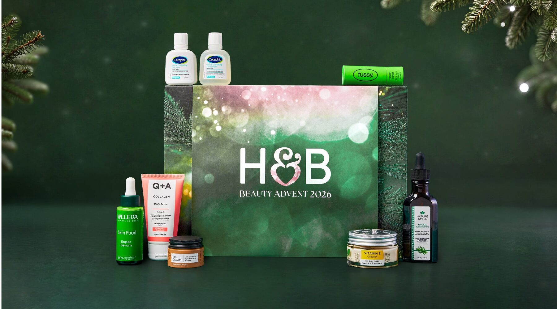 The closed Holland & Barrett 2026 beauty advent calendar box surrounded by some of its products