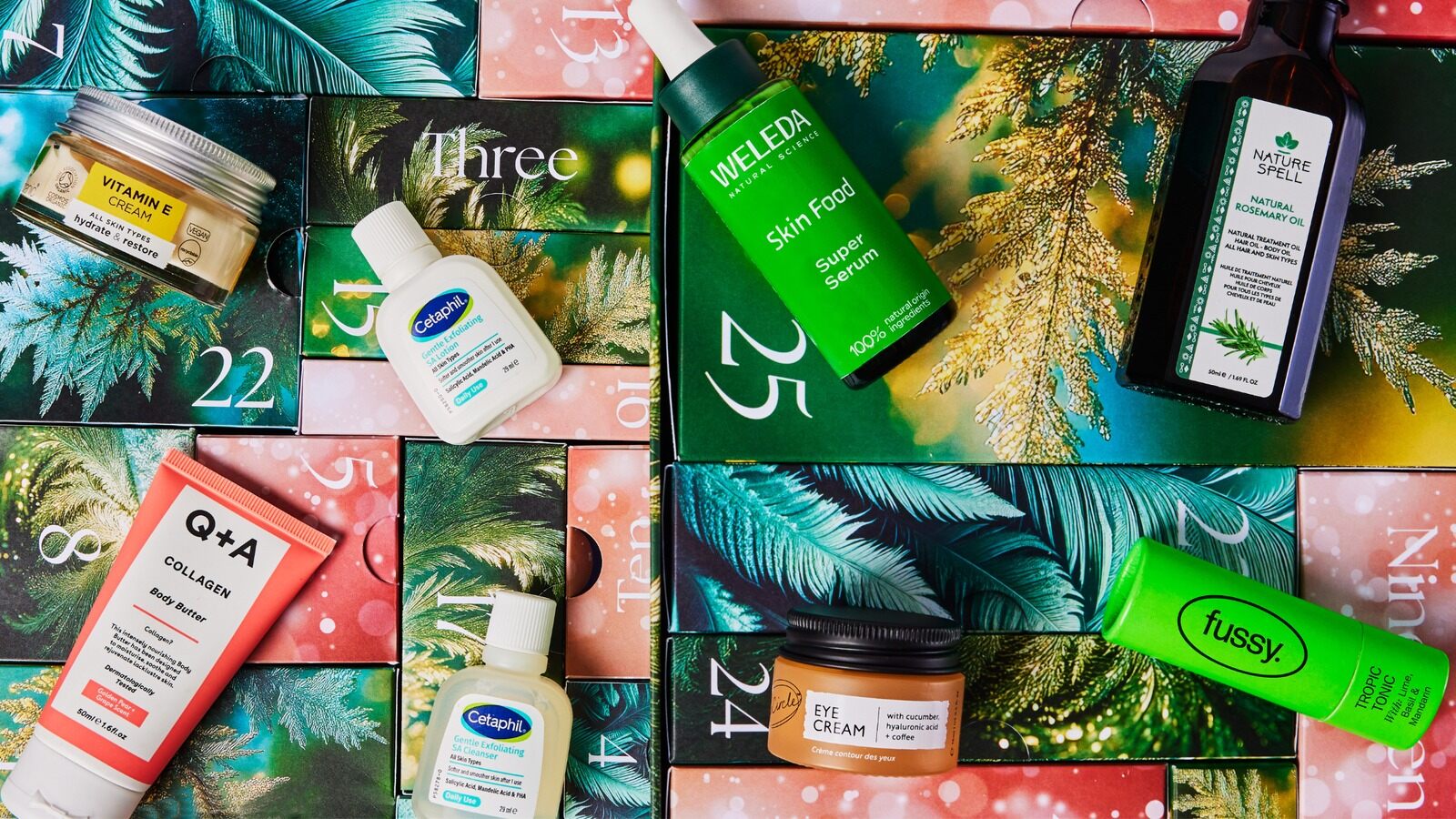 The open doors of the Holland & Barrett 2026 beauty advent calendar with Q+A, Cetaphil and Weleda products inside