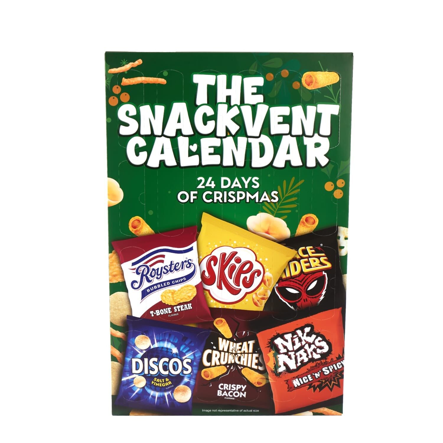 The Snackvent Calendar from Home Bargains, front view, showing Roysters, Skips, Space Raiders, Discos, Wheat Crunchies and Nik Naks