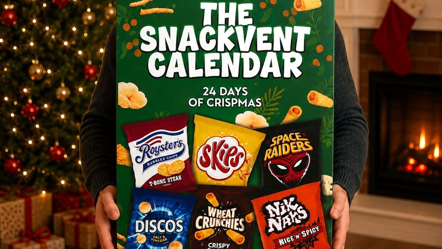 A man holding the Home Bargains Snackvent crisps advent calendar in a festive living room