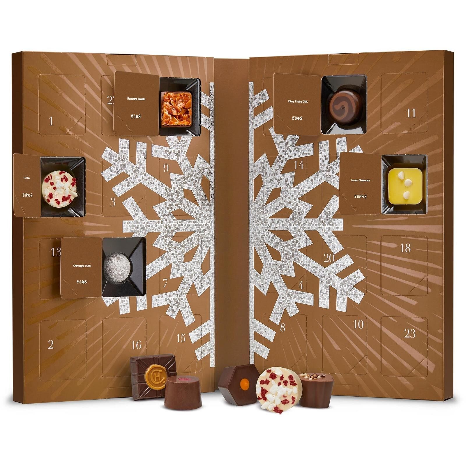 The Hotel Chocolat Everything Advent Calendar open, showing chocolates behind its doors around a snowflake design
