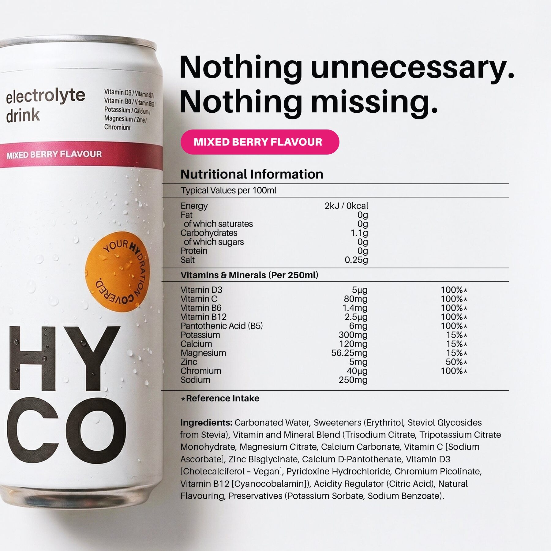The HYCO Mixed Berry can next to its nutrition table and ingredients list